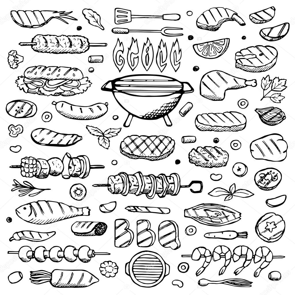 Grill-barbecue Set hand drawn doodle elements