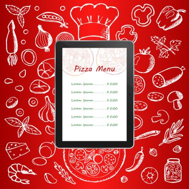 Pizza menü ile elle çizilmiş doodle öğeleri ve tablet bilgisayar