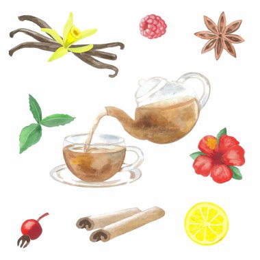 Çay elle çizilmiş suluboya seti