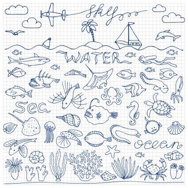 Sualtı dünyasını elle çizilmiş doodle seti
