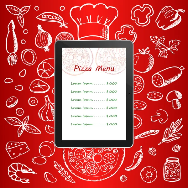Pizza menu with hand drawn doodle elements and tablet computer — Stock Vector