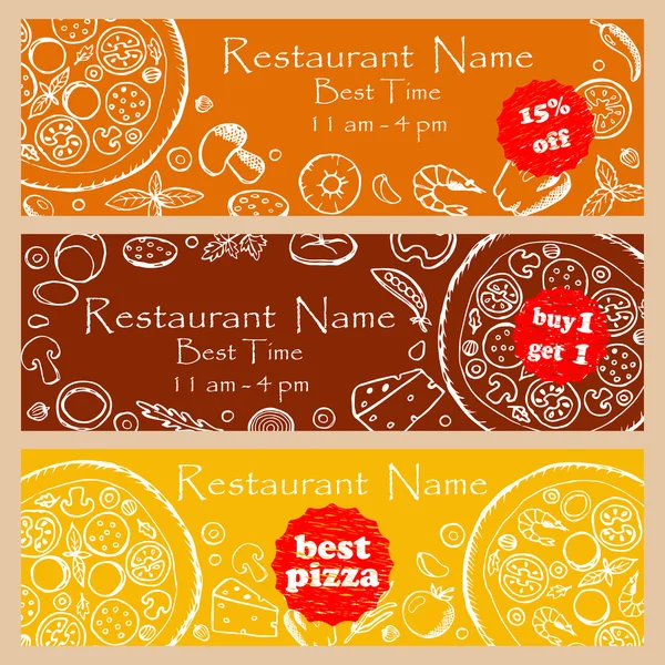 Establecer folletos de descuento para pizzería y restaurantes — Vector de stock