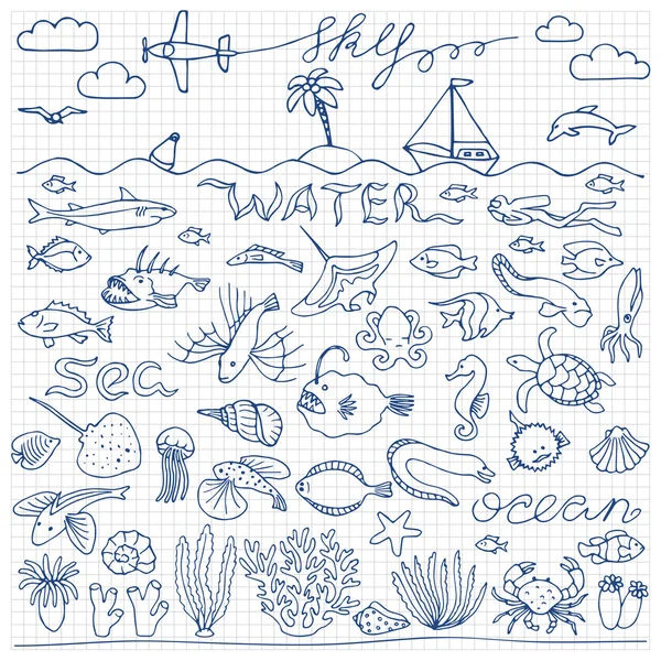 Unterwasserwelt handgezeichnetes Doodle Set — Stockvektor