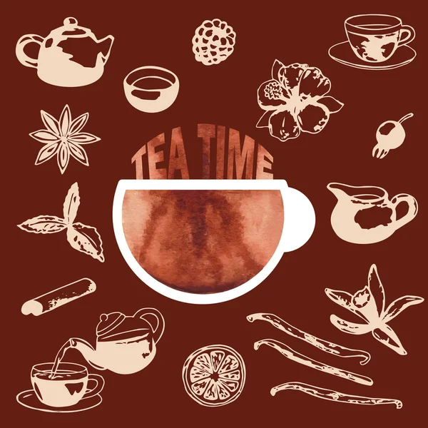 Tea Time ensemble dessiné à la main — Image vectorielle