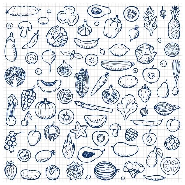 Sebze ve meyve kümesi çizilmiş doodle öğeleri el