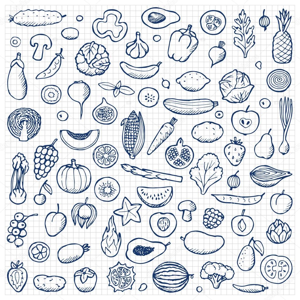 Vegetables and fruits Set hand drawn doodle elements