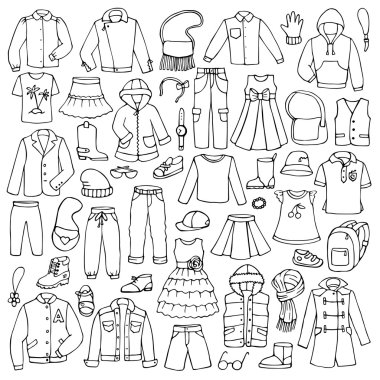 Elle çizilmiş doodle çocukça giysileri ile ayarla
