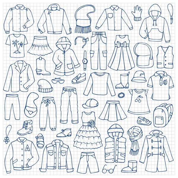 Set de doodle dessiné à la main avec des vêtements enfantins — Image vectorielle