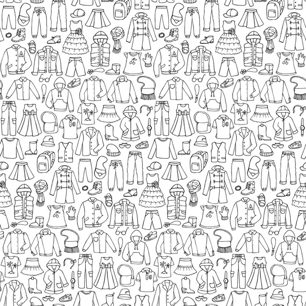 Seamless hand drawn doodle pattern with childish clothes — Stock Vector