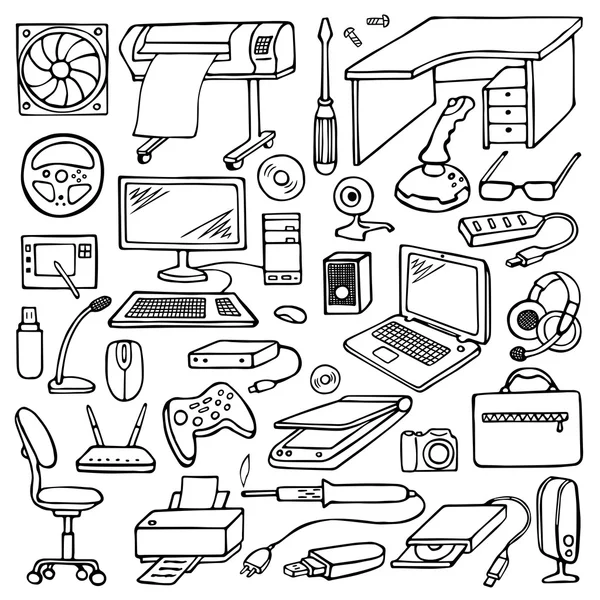 Conjunto de computador doodle desenhado à mão — Vetor de Stock