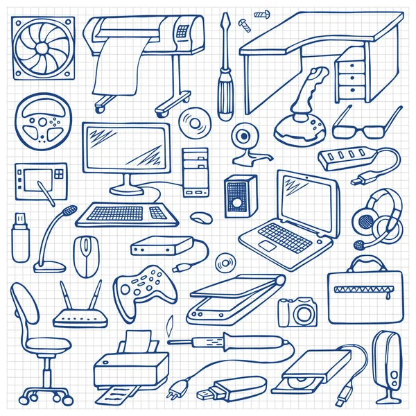 Conjunto de computador doodle desenhado à mão — Vetor de Stock
