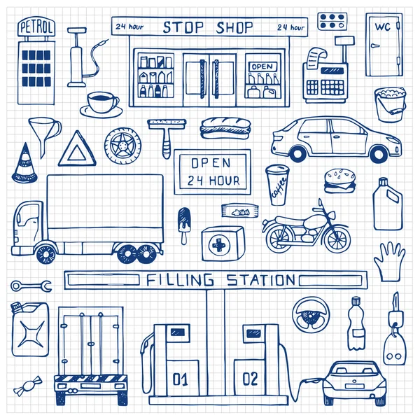 Handgezeichnetes Doodle-Set mit Tankstelle — Stockvektor