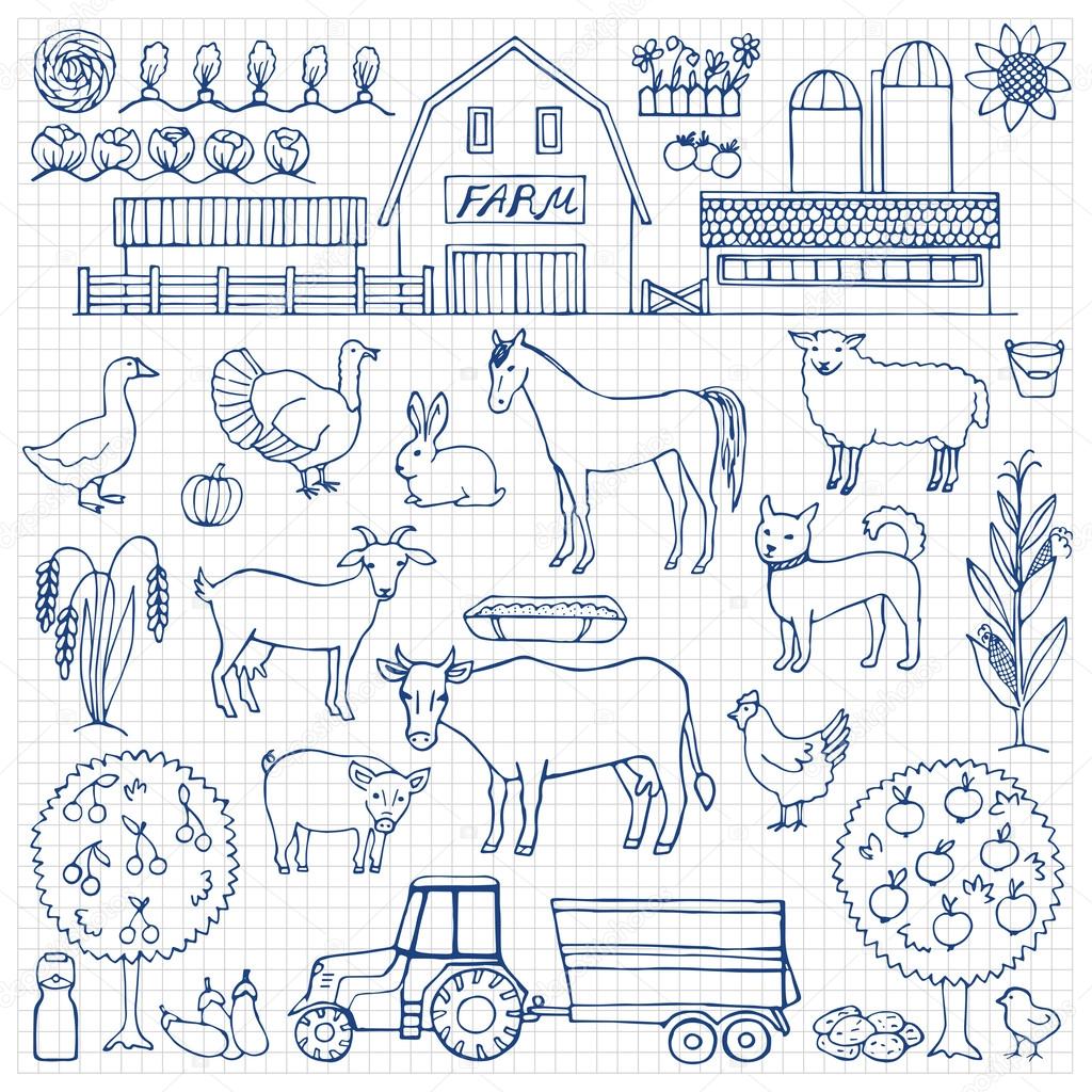 Hand drawn doodle set with farm