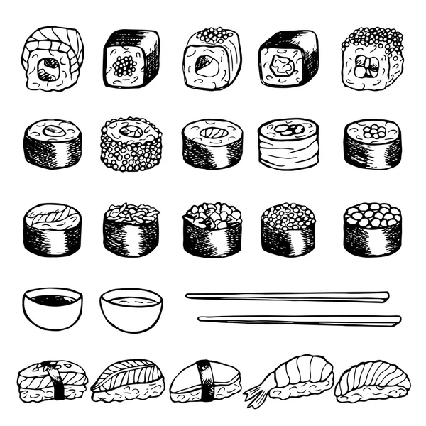 Set de garabatos dibujados a mano con sushi — Vector de stock