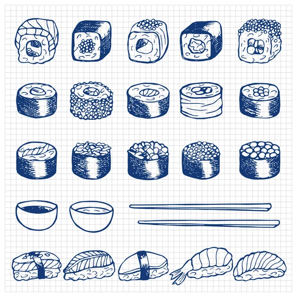 Conjunto de rabiscos desenhado à mão com sushi —  Vetores de Stock