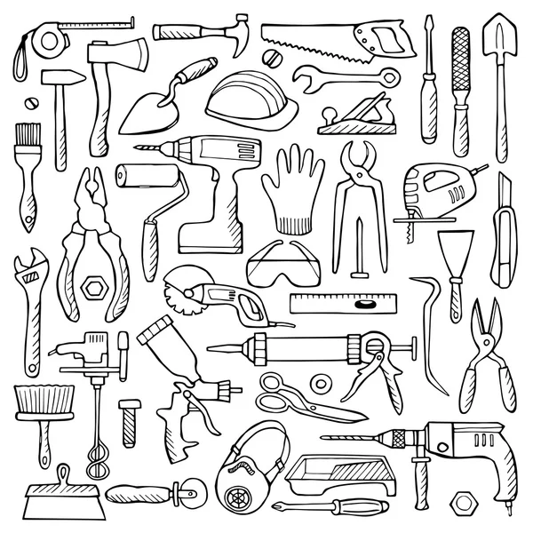 Ruky nakreslené doodle sada nástrojů pro opravy — Stockový vektor