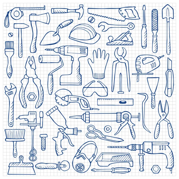 Set de doodle dessiné à la main avec outils de réparation — Image vectorielle