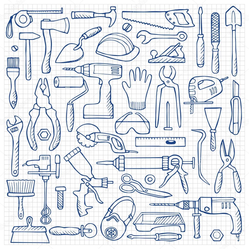 Hand drawn doodle set with repair tools