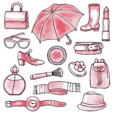 Kadın aksesuarları çizilmiş pembe seti el