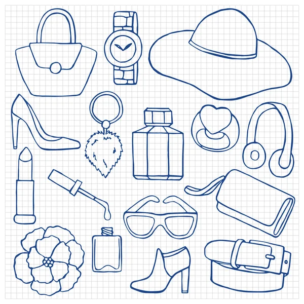 Woman accessories hand drawn set on squared paper — Stock Vector