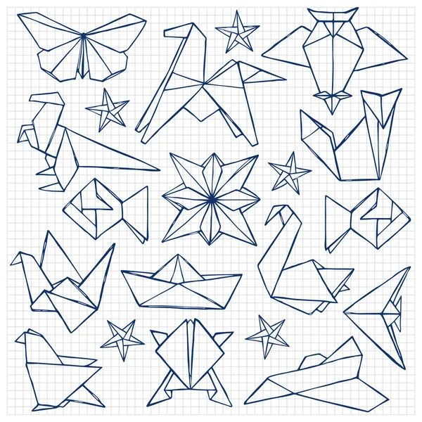 Origami hand getrokken doodle ingesteld op gekwadrateerde papier — Stockvector
