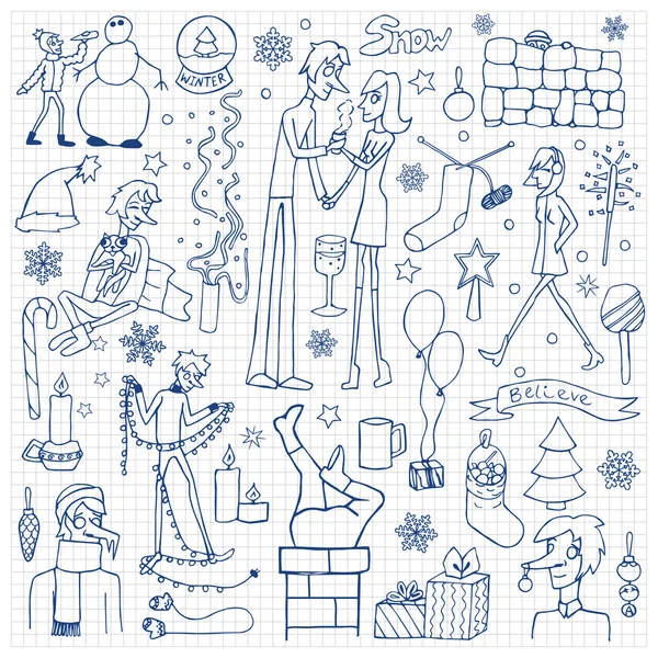 Conjunto de elementos desenhados à mão doodle inverno em papel quadrado —  Vetores de Stock