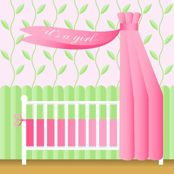 Gratulationskort med rosa babysäng — Stock vektor