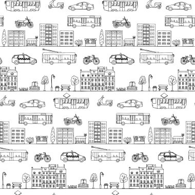 Seamless pattern with hand drawn city street elements