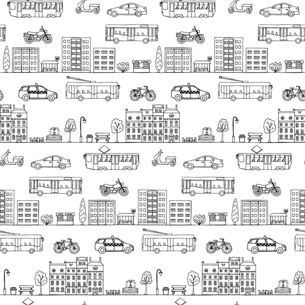 Seamless pattern with hand drawn city street elements