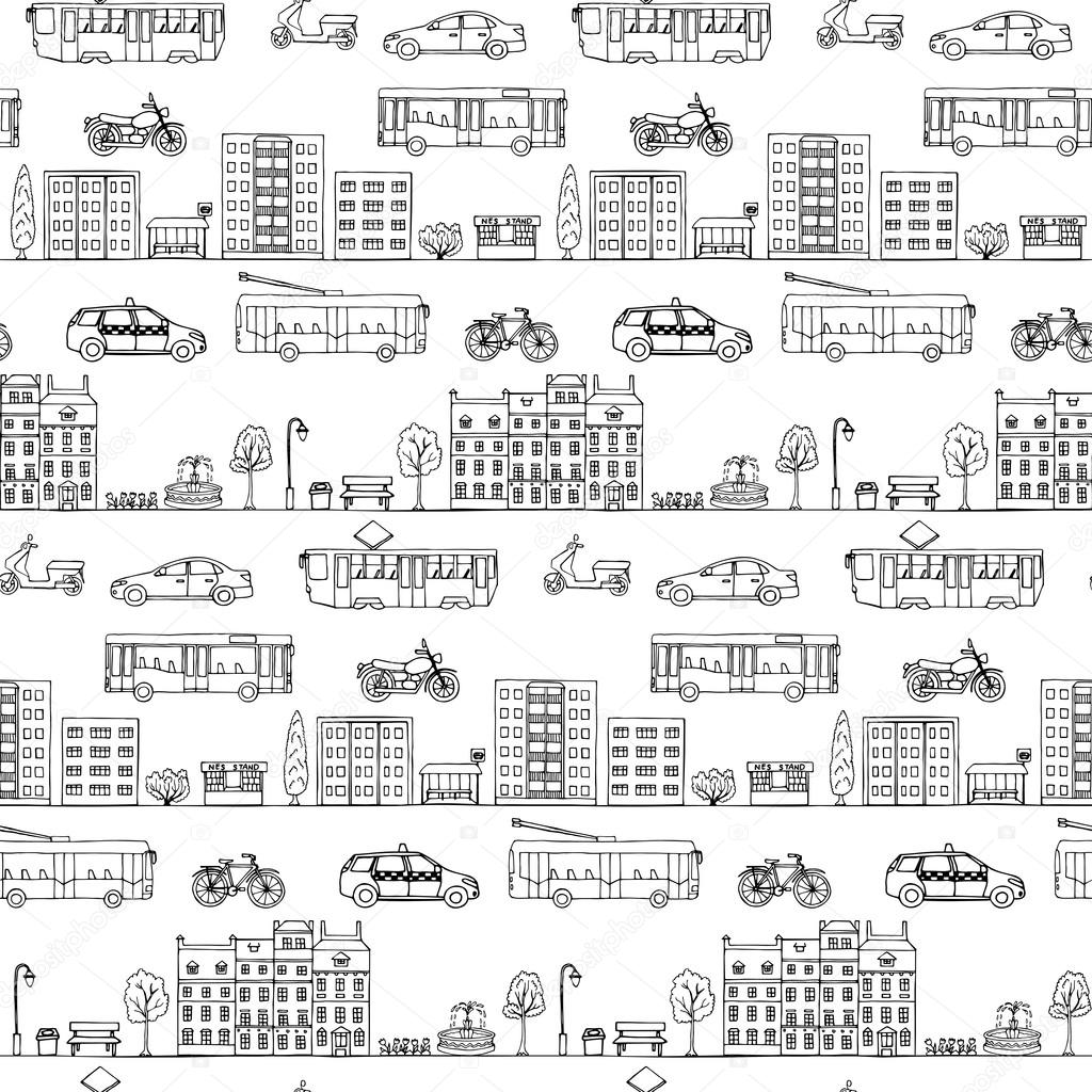 Seamless pattern with hand drawn city street elements