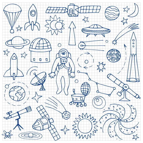 Doodle elementos espaciales en papel cuadrado — Vector de stock