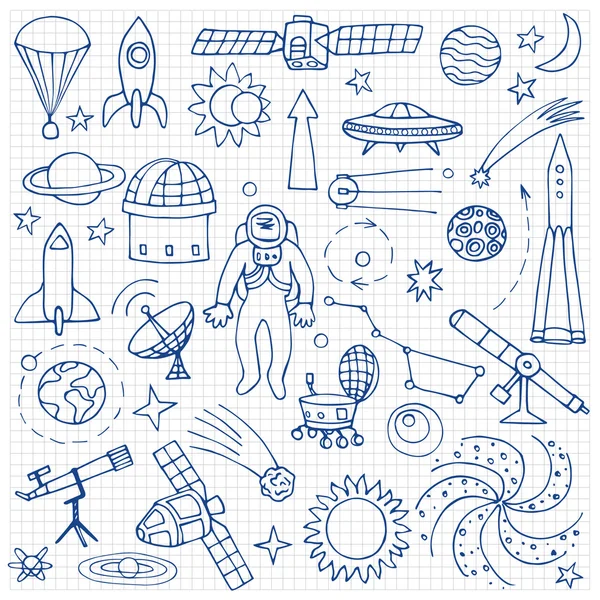 Doodle space elemek négyzetben papíron — Stock Vector