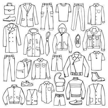 Elle çizilmiş doodle erkek giysileri ile ayarla