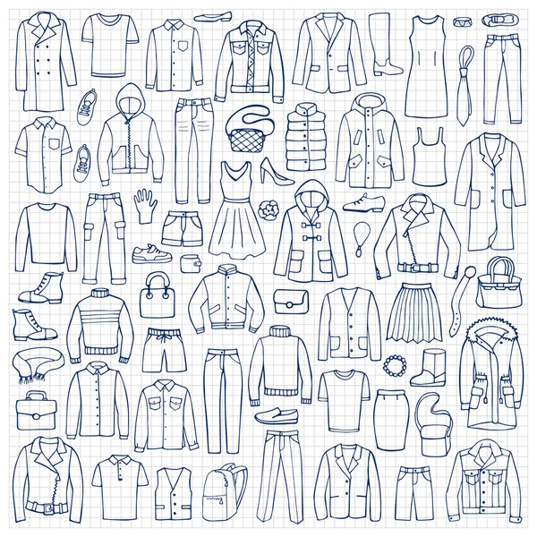 Set de doodle dessiné à la main avec des vêtements homme et femme — Image vectorielle
