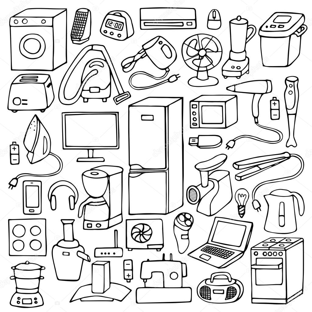 Household appliances hand drawn set