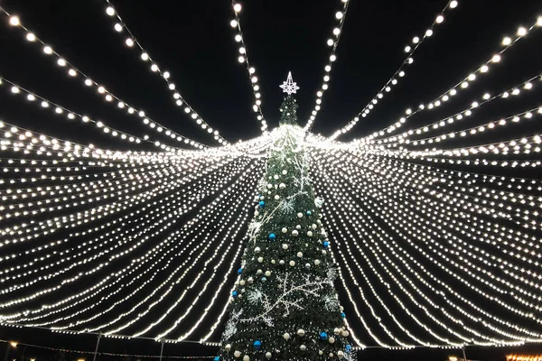 夜の通りに白い光のガーランドがぶら下がっている大きな輝く装飾された新年の木 クリスマスと新年の休日の装飾 — ストック写真