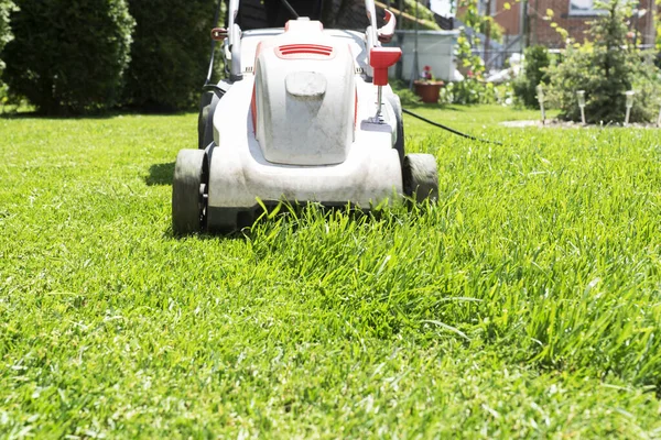 Close Beeld Van Grijze Elektrische Grasmaaier Maaien Groen Gras Tuin — Stockfoto