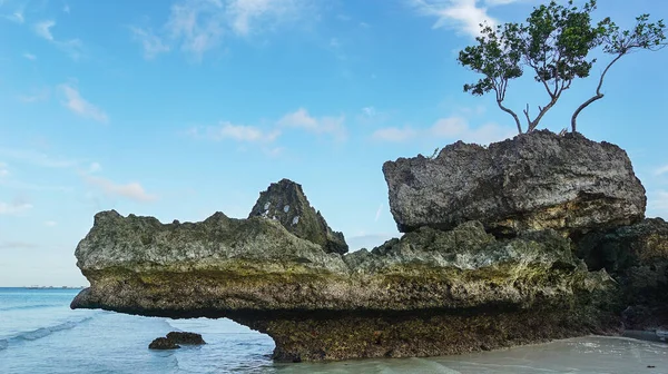 Filipinler 'deki Boracay adasının kıyı şeridindeki ünlü timsah şekilli kayalar alışılmadık bir yerden. Boracay 'daki beyaz plaj, tanınabilir deniz manzarası, seyahat konsepti.                               