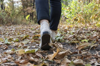 Açık spor ayakkabılı bir kızın ayaklarını kapat ve sonbahar parkındaki sarı yapraklarla kaplı bir patikada siyah bir kot pantolon giy.