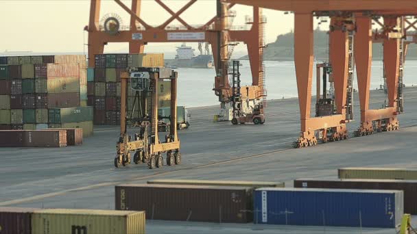 Uitzicht op de haven van lossing Cargo Container vrachtwagen — Stockvideo