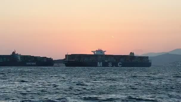 Enormes navios de carga cheios Recipientes se reuniram no porto ao pôr do sol — Vídeo de Stock