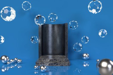 Mallar için taş granit podyum. Yerçekimsiz cam geometrik şekiller ve üç boyutlu metal toplar. Ürünü tanıtmak için moda sahnesi. Soyut kompozisyon hazırlanıyor.