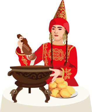 Asyalı güzellik. Antik milli şapkalı ve mücevherli güzel bir kızın animasyon portresi. Orta Asya. Kazak kadın nauryz kozhe döküyor. Beyaz arkaplanda izole edilmiş vektör illüstrasyonu.
