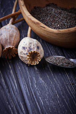Haşhaş tohumu ve ahşap arka plan başlarına 