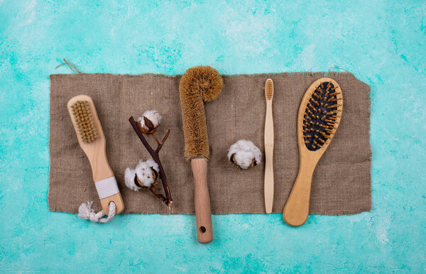 Zero waste natural brush, wooden comb and toothbrus