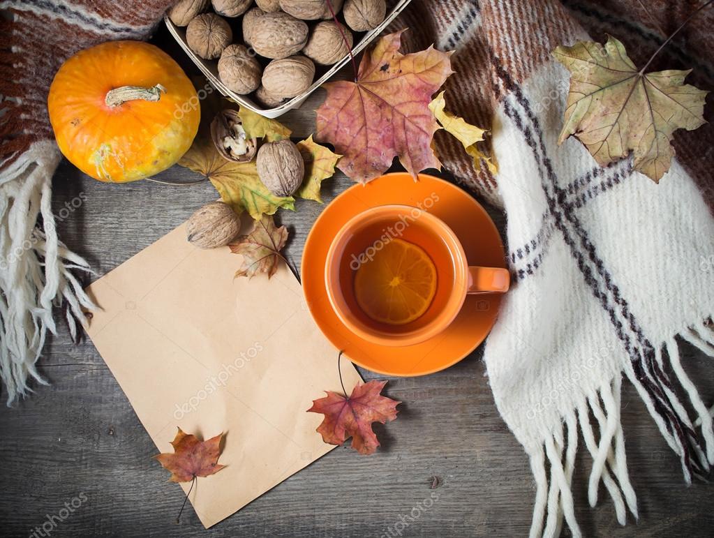 Autumn still life with cup of tea, plaid and leaves. Concept with free text space