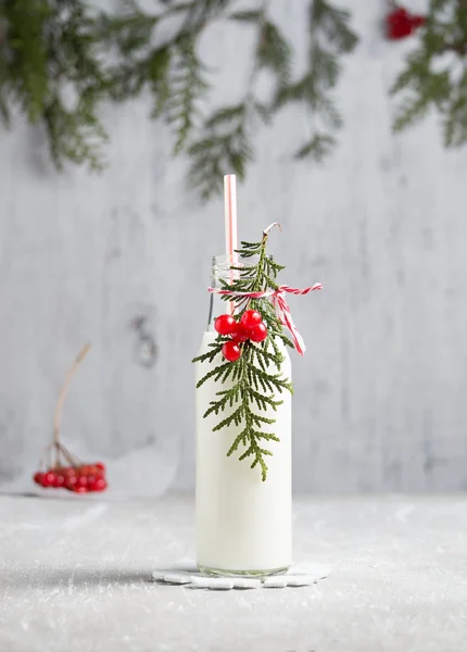 Bottle of milk with Christmas decoration — Stock Photo, Image