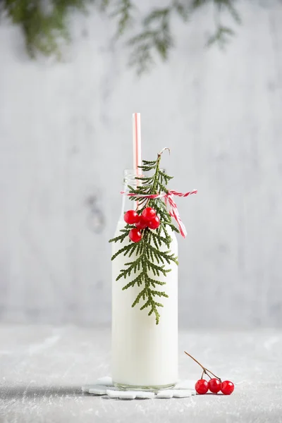 Láhev mléka s Vánoční dekorace — Stock fotografie