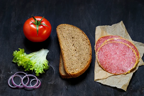 Ingredients for sandwich: bread, tomato, salami, salad, onion — Stock Photo, Image