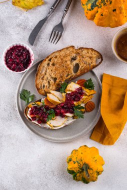 Hindili ve kızılcık soslu Şükran Günü sandviçi.